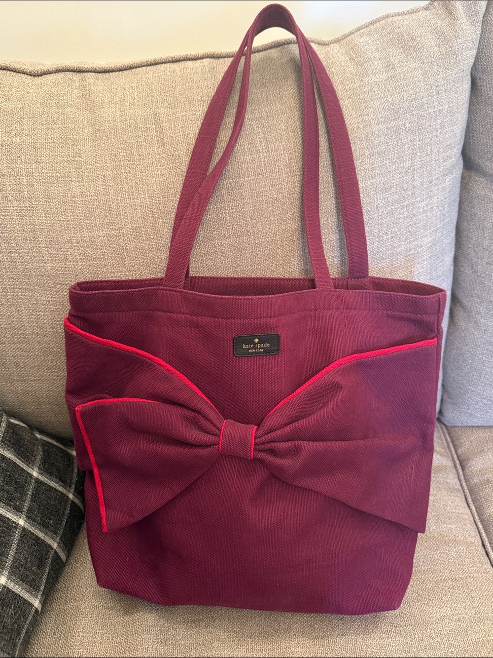 Vintage Kate Spade Burgundy Tote with Front Bow and Red Trim